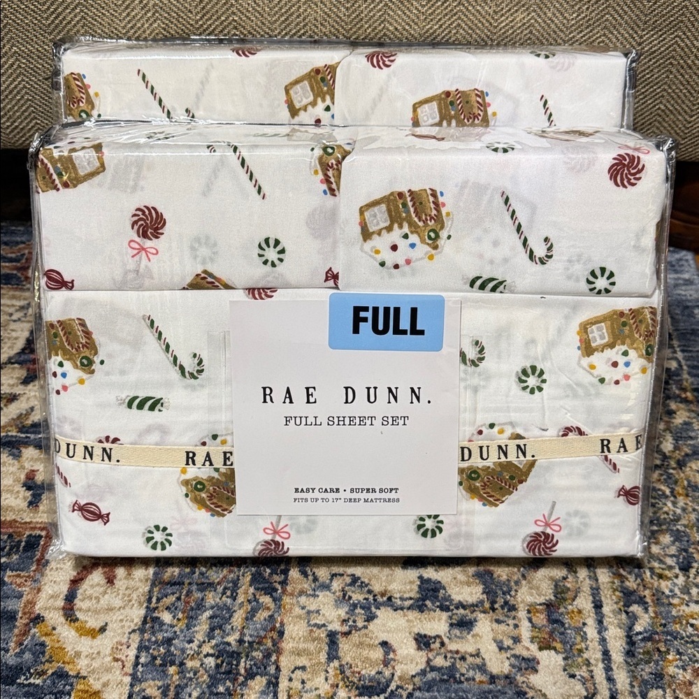 NWT Rae Dunn Holiday Print Full Sheet Set - White and Green CANDYLAND - Picture 2 of 4